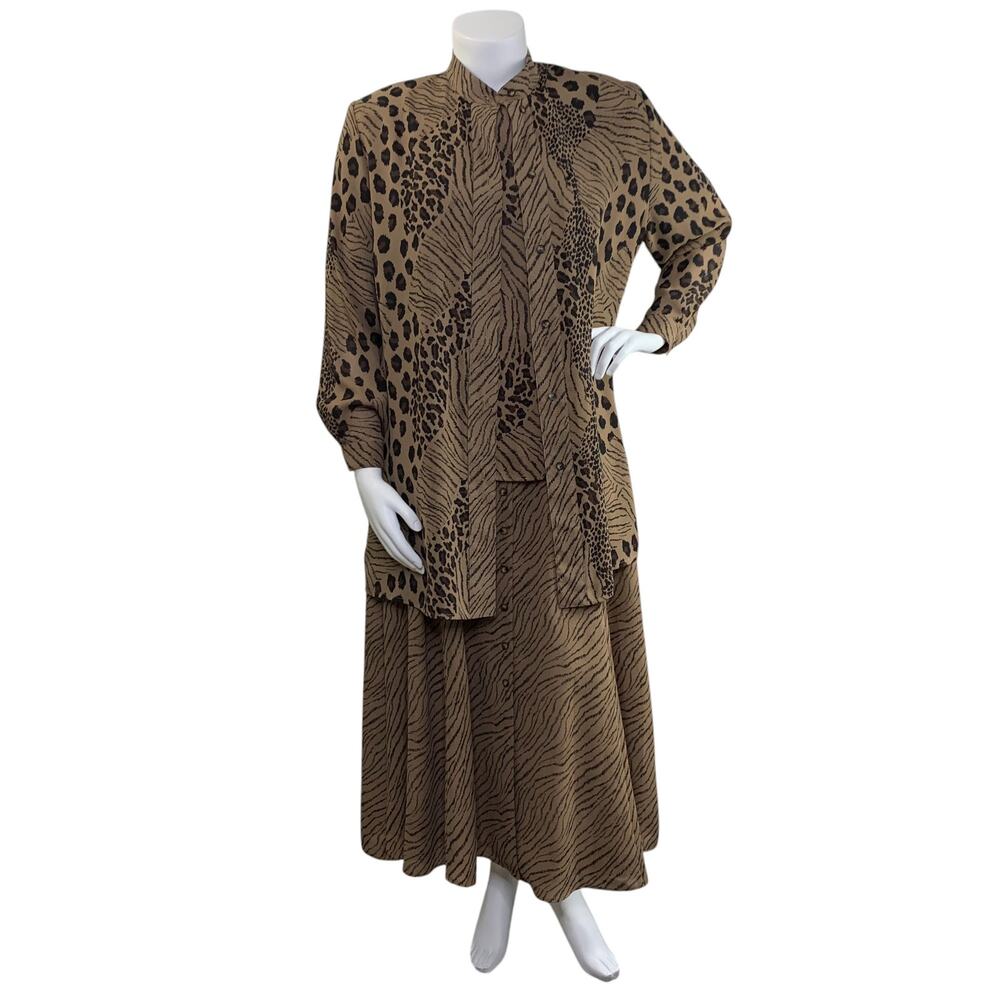 Nygard Collection Skirt Set Size 16 Animal Print Blouse Brown Black Vintage Maxi